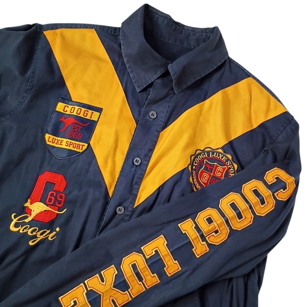 Vtg COOGI Shirt Mens Medium Blue Luxe Sport Australia‎ Logo Cotton Button Up Y2K